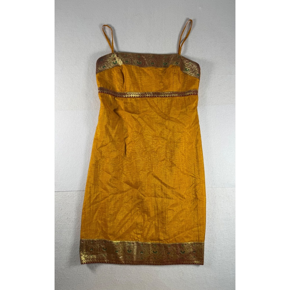 VTG Sue Wong 90s Marigold Gold Brocade Trim Slip Dress Size Large Made in USA